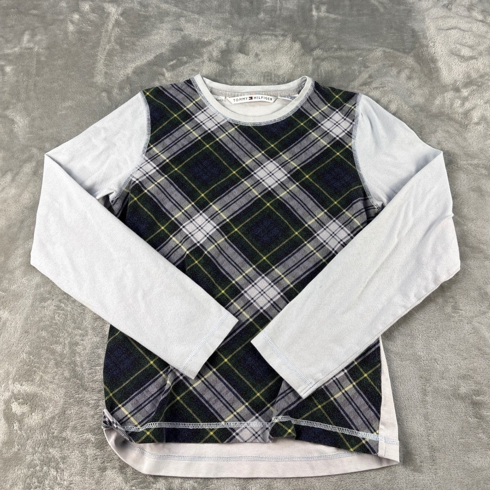 Tommy Hilfiger Shirt Women Medium Mixed Media Grey Navy Plaid Stretch EUC